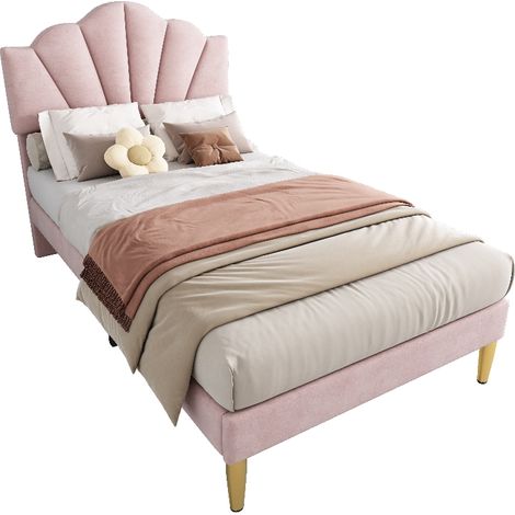 Polsterbett 90x200 cm Rosa Samtbett mit höhenverstellbarem Muschel-Kopfteil, modernes Einzelbett mit Lattenrost, Stauraum und goldenen Beinen (1/5)