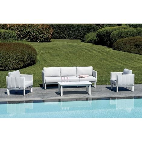 Set salottino da esterno in alluminio, rivestimento in tessuto, tavolino con top effetto marmo (1/4)