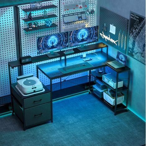 Scrivania gaming angolare a L con LED, prese e doppio supporto monitor 165 x 80 x 91,5 cm DESVIAE (1/5)