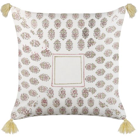 Cojín de algodón blanco rosa verde amarillo 45 x 45 cm a mano borlas Setosa (1/5)
