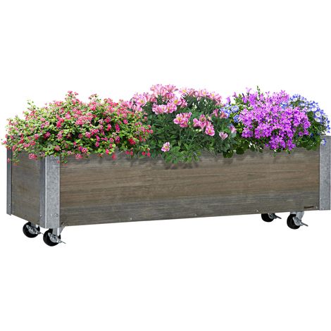 Fioriera Rettangolare 96x30,6x30 cm con Ruote e Freno in Legno di Abete Grigio (1/5)