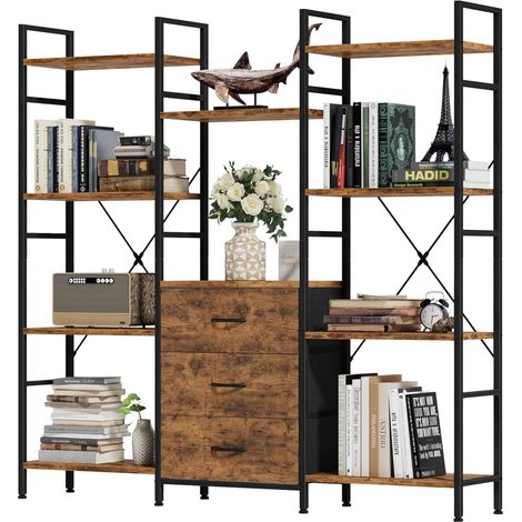 Bibliothèque Haute 100Lx142H cm 3 Tiroirs, 4 Niveaux, Bois Rustique Bibliotheque Etagere Rangement, Tiroirs en Tissu, Étagères Ouvertes pour Salon, Bureau, Chambre à Coucher, Industriel (1/5)