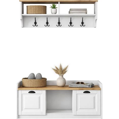 Mobile da Ingresso Orte, 6 Ripiani, Appendiabiti, Modulabile, 120x22x37h cm Bianco