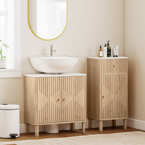 Meuble sous lavabo de salle de bain sous vasque, étagère réglable, plan de toilette effet marbre, 60x30x63cm, chêne