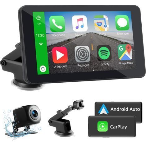 Écran sans fil CarPlay de 7 pouces – Compatible avec Apple CarPlay et Android Auto – Caméra de recul HD – Bluetooth 5.0 – Installation facile pour véhicules 12-24 V (1/5)