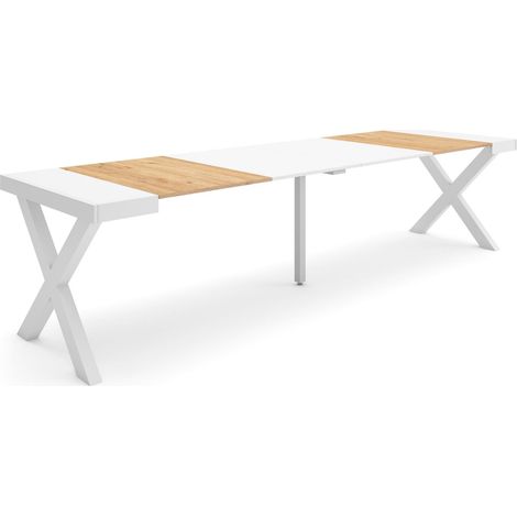 Skraut Home - Table console extensible, Console meuble, 300, Pour 14 personnes, Pieds bois massif, Style moderne, Chêne et blanc (1/5)