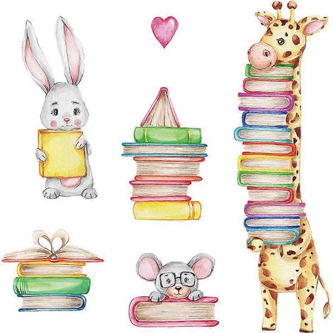 Stickers muraux animaux en train de lire, grand format, en vinyle aquarelle amovible, pour chambre d'enfant, coin lecture, bibliothèque, décoration de fenêtre (1/5)