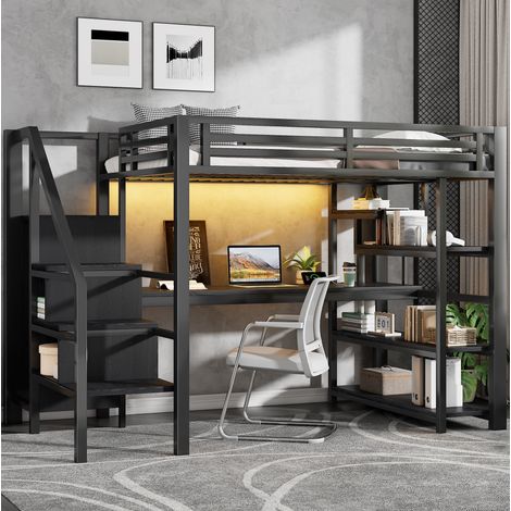 Lit mezzanine 140x200 cm adulte avec bureau, armoire ouverte, escalier de rangement, USB et LED métal noir (1/5)