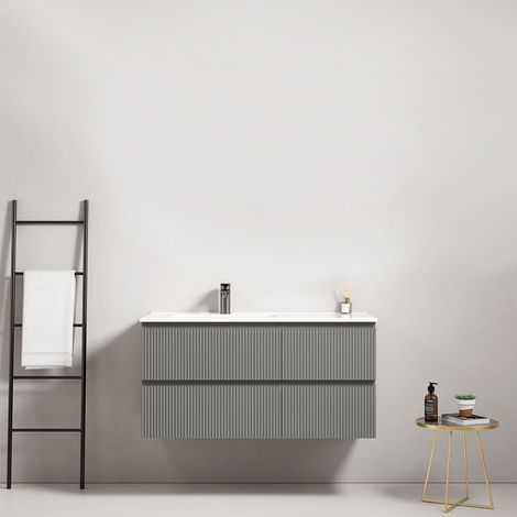 Mobile bagno sospeso cannettato 100 cm Grigio Londra Lavabo a Sinistra in Ceramica Senza Specchio - Fiji Paint