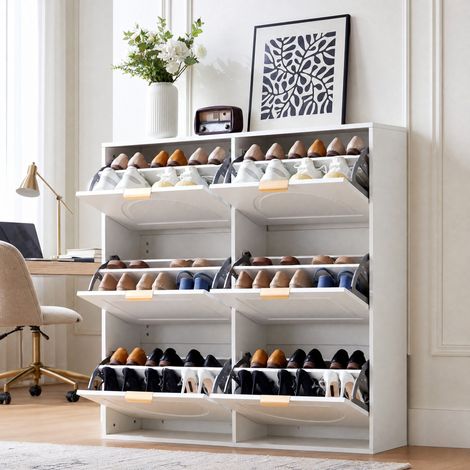 Meuble à chaussures 118x25x115 cm en panneaux de bois blancs, avec rangement pour entrée FloraGrace (1/5)
