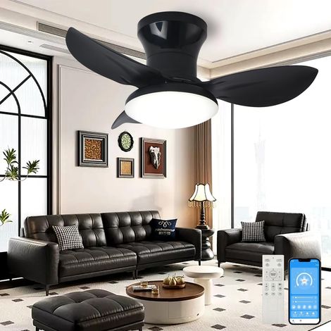 Ventilateur de plafond 65 cm avec éclairage, télécommande/application, variateur d'intensité, 6 vitesses de ventilation, minuterie, réversible (noir)