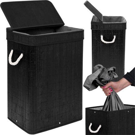 Cesto de ropa de bambú SOREN de 80 litros con tapa, color negro.