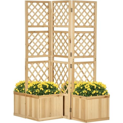 Paravent occultant de jardin trois pans pliables, équipé de 4 bacs à fleurs, fabriqué en bois massif couleur naturelle, dimensions 133 × 62 × 165 cm