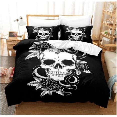 Adulte Rose Crâne Ensemble de literie,crâne de feu,têtes de Mort,Noir Blanc tête de Mort Housse de Couette (240 x 260 cm) - BE3 (1/3)