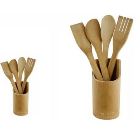 TrAdE Shop Traesio - Set 5 Pezzi Cucina Posate In Legno Cucinare Spatola Cucchiaio Forchetta 67374 - (1/2)