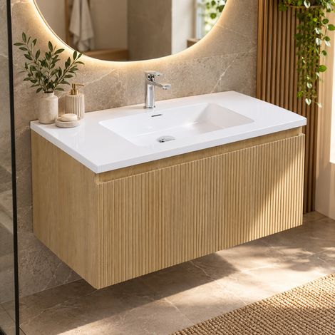 Meuble salle de bain design simple vasque LINER largeur 90 cm chêne clair rainuré (1/5)