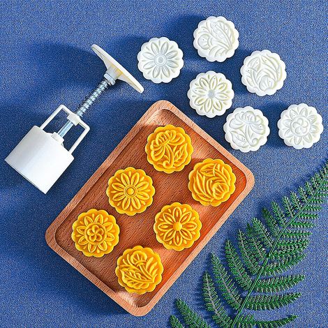 Moule à Lune Gâteau Mooncake avec 6 tampons à biscuits, Emporte Piece Gateau Oriental, 50g Presse à Biscuit en Motif fleurs Outils de bricolage pour pâtisserie, biscuits, desserts, cuisson,Blanc (1/5)
