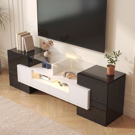 Meuble TV 145cm avec Éclairage LED et Rangement, Panneaux de Particules, Design Moderne, Blanc et Béton (1/5)