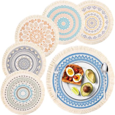 Tovagliette, set da 6, rotonde, 33 cm, in tessuto, resistenti al calore, lavabili, tovagliette rotonde in stile boho in cotone per cibi e bevande calde (1/5)