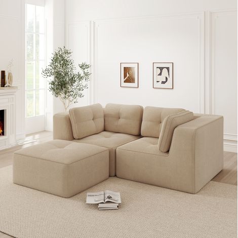 Canapé d’angle modular de pana beige, sin montaje, con módulos combinables y reposapiés móvil (1/5)