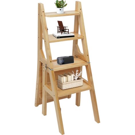 Tabouret pliant, chaise pliante en bois, tabouret pliant à quatre niveaux, support à fleurs multifonctionnel et tabourets pliants pour la cuisine, le bureau et le salon, couleur bois, 100 kg (1/5)