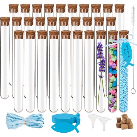 Ce lot comprend 30 tubes à essai en plastique transparents (20 x 150 mm) avec bouchon en liège, 35 étiquettes en carton, 10 mètres de ficelle et 2 entonnoirs. Ces tubes sont parfaits pour les mariages