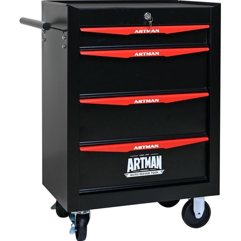 Rollbare Metall-Werkzeugkiste mit 4 Schubladen, 20 Zoll Werkzeugschrank mit kugelgelagerten Schienen, Stahl-Werkzeugbox Organizer, Schwarz & Rot