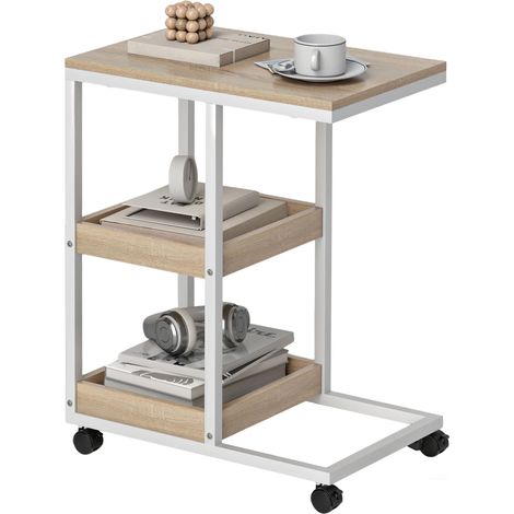 Table d'appoint en forme de C avec roulettes, étagères ouvertes et structure en acier pour salon ou chambre, 51 x 33 x 66 cm, naturel et blanc