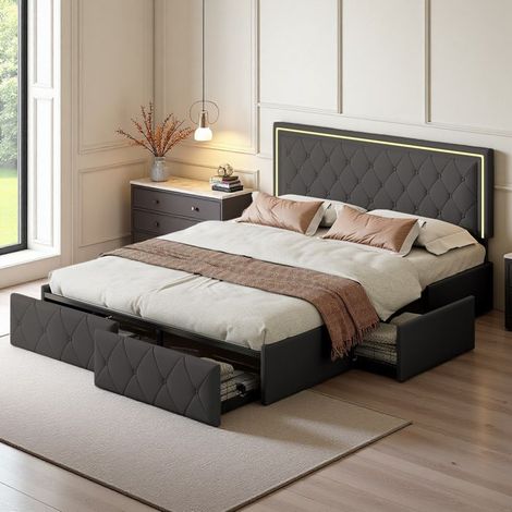 Letto matrimoniale - 160x200 - 4 cassetti di stoccaggio - PU grigio trapuntato - Striscia LED RGB + testata regolabile