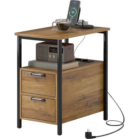 Tavolino/comodino con 2 porte USB, 1 porta Type-C, cavo da 143 cm, cassetti e ripiano, in legno naturale.