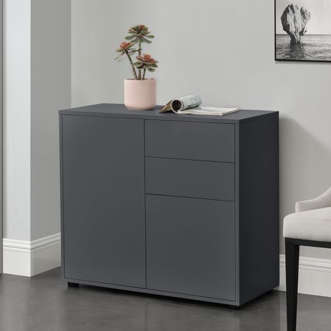 [En.Casa] – Commode 2 tiroirs 2 portes – Dimensions 74 x 79 x 36 cm – Matière panneau de particules – Couleur gris foncé mat (1/5)