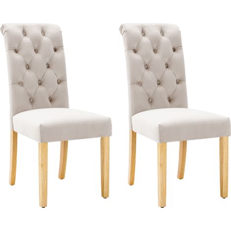 Lot de 2 chaises de salle à manger en velours beige avec pieds en chêne et détails chromés (1/5)