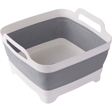 Bassine Pliable, Lavabo Pliable avec Bouchon de Vidange et Poignées de Transport, Grande Capacité de 9L, évier de Camping-Car pour Légumes, Fruits, Aliments, Lessive (Gris) (1/4)