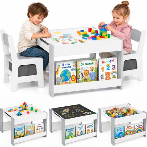 Set Tavolino per Bambini e Sedie 4 in 1 con Sedie in Legno Piano Bianco e Grigio (1/5)