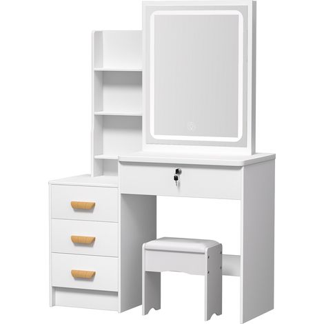 Coiffeuse avec miroir, 4 tiroirs, 3 étagères, 1 tabouret, 90 x 37 x 135 cm, blanc. (1/5)