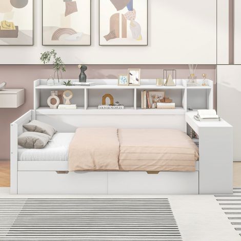 Lit banquette 90x200 cm en bois blanc avec bureau, tiroirs et prise USB, sans matelas (1/5)
