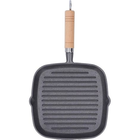 Grill Pan, Cast Iron Skillet, Steak Grill, Quadrate Cast Iron Steak Pan, Non-Stick Baking Tray with Wood Grain Handle, for Grilling, Frying, Saute 23 x 21 x 3 cm (1/5)