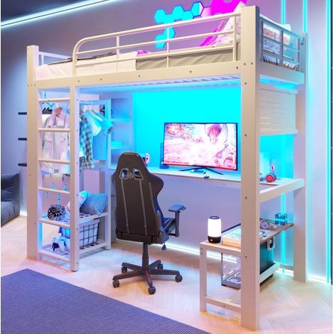 Lit mezzanine 90x200 cm avec LED, bureau et rangement, pour chambre ado, structure stable en métal - blanc (1/5)