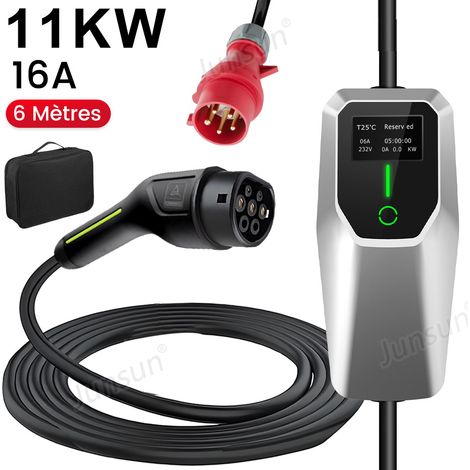 Hexinex Câble de recharge pour véhicule électrique, courant élevé CEE 11 kW 6-16 A 6 m Type 2, boîtier mural mobile UE IP67 (1/5)
