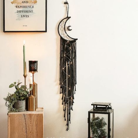 Attrape-rêves Lune Noire avec Lumière, Décoration de Chambre, Décoration Bohème, Décoration Murale, Cadeaux pour Fille, Cadeaux pour Femme, Décoration de Chambre. (1/5)