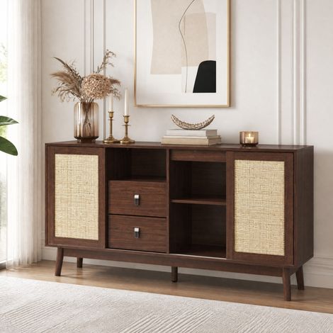 Buffet 3 portes coulissantes et 2 tiroirs 155 x 38 x 80 cm marron foncé HAVRYA (1/5)