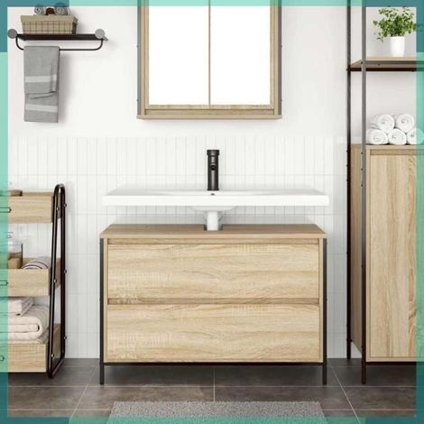 861878 Meuble salle de bain lavabo tiroirs chêne sonoma 90x34,5x60 cm (1/5)