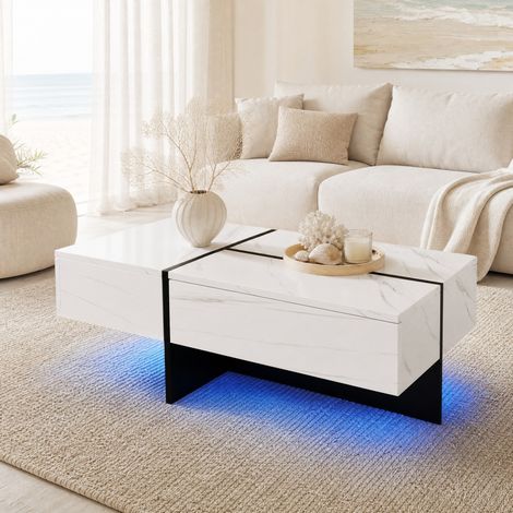 Tavolino da salotto con LED e 3 cassetti, 100 x 50 x 34,5 cm, bianco lucido e nero HAVRYA (1/5)