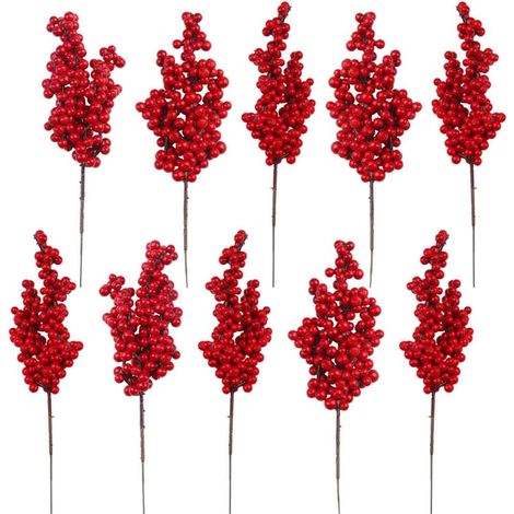 Branches de Houx Artificiel - 20 Pièces - 21 Cm - Baies Rouges - Décoration Noël - Pour Arbres Couronnes Guirlandes DIY