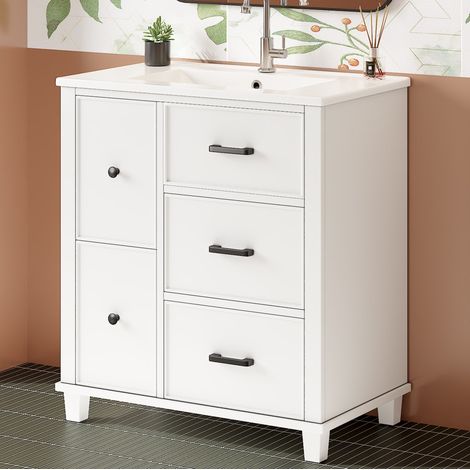 Mueble de baño con 4 cajones y 1 cajón abatible, lavabo de cerámica, 76,5x47x83,5 cm, MDF blanco (1/5)