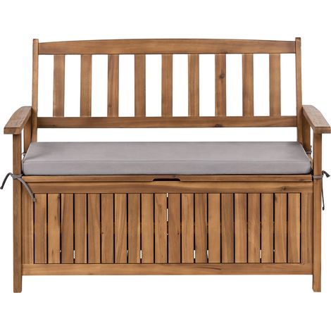 Banco de jardín con almacenaje de madera maciza de acacia rústico 120 cm con cojín de olefina gris Sovana (1/5)