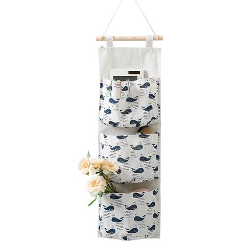 1 Sac de Rangement Suspendu, Tissu Lin, 3 Poches, Barre Bois, Pour Porte Placard Chambre (1/5)
