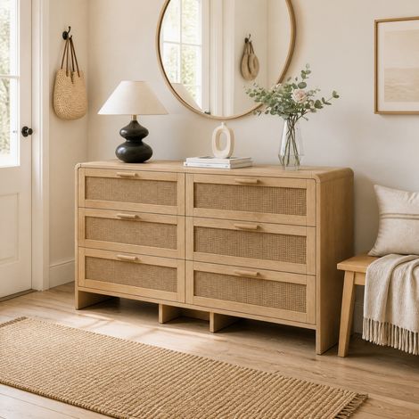 MEUBLIV Cassettiera 130x40x74 cm naturale – 6 cassetti in rattan, angoli arrotondati (1/5)