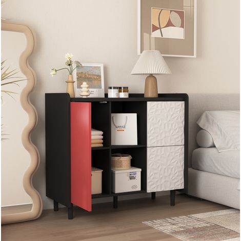 Aparador 90x40x80 cm negro y rojo en MDF con 2 cajones, estante abierto y armario (1/5)