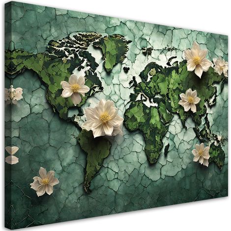 Tableau déco Fleurs Carte du Monde Vert 90x60 (1/5)